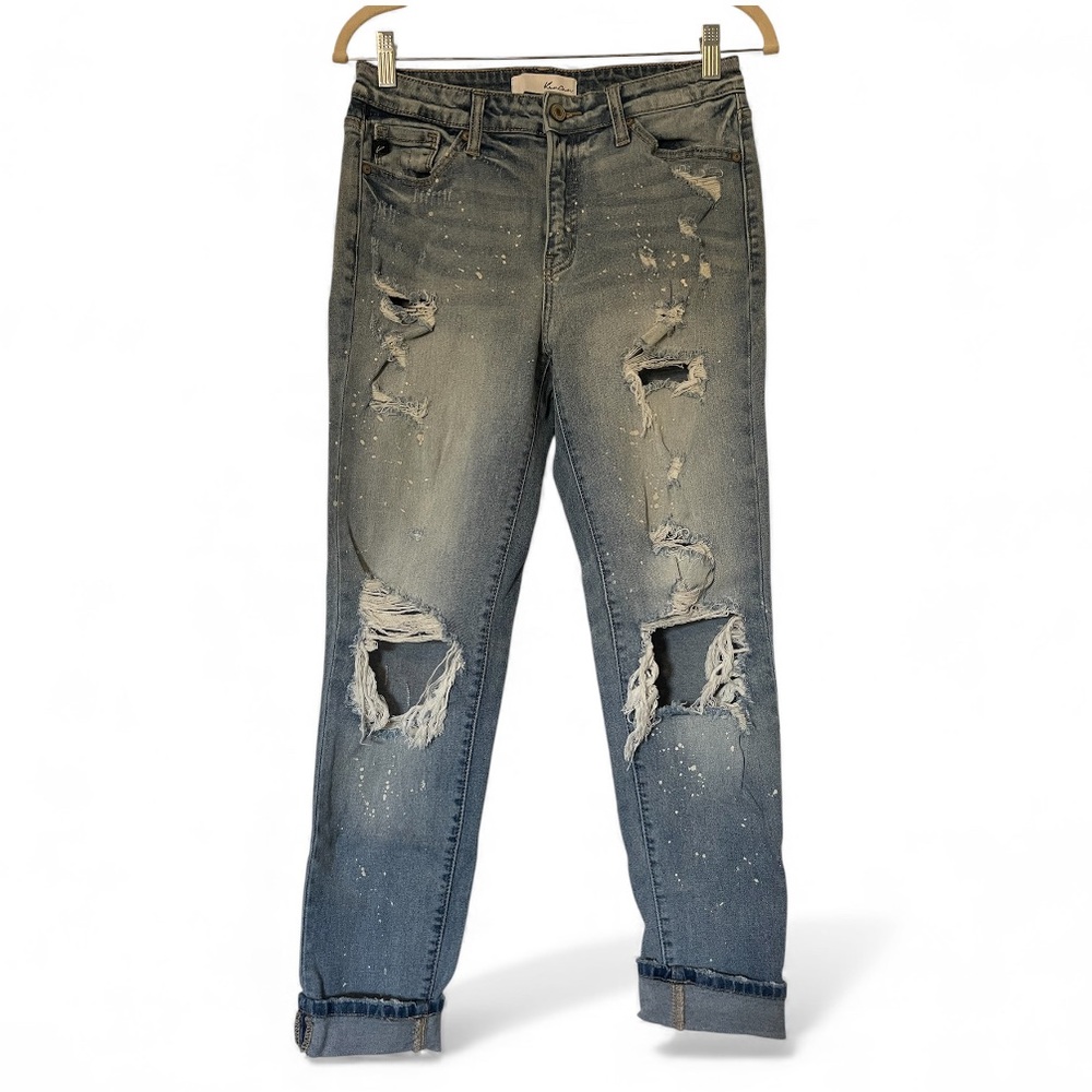 KanCan Women’s Boyfriend Distressed Paint Splattered Denim Jeans Cuffed Hem 3/25
